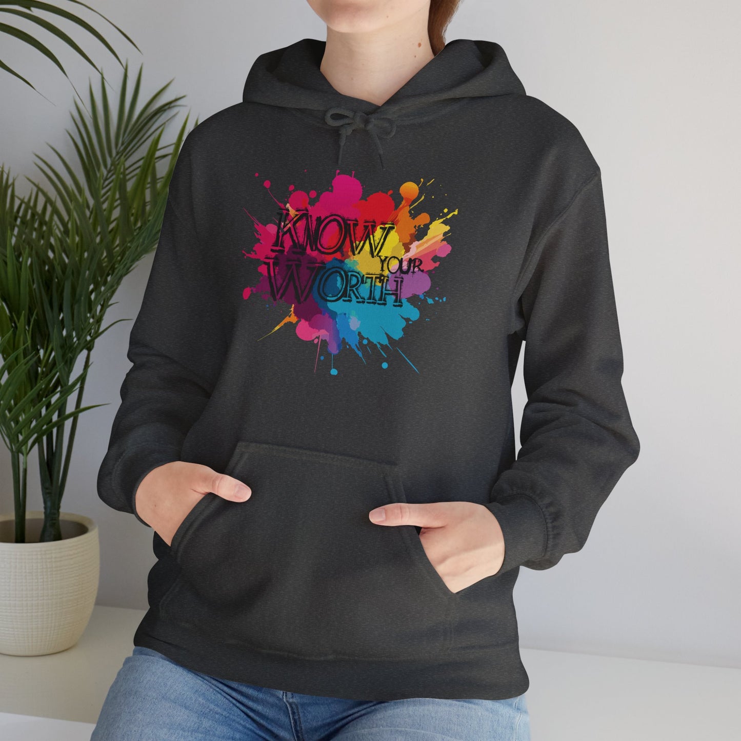 Hooded Sweatshirt 'Know Your Worth' Positive Vibes Graffiti Splatter Paint Graphic