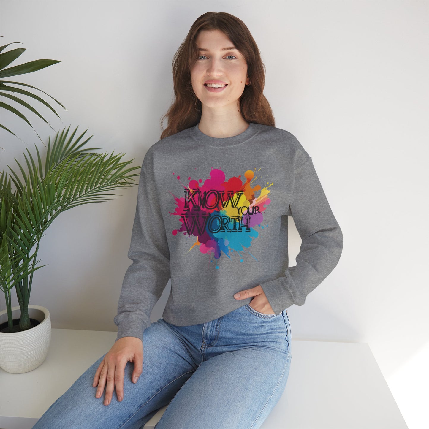 Graffiti Splatter Paint Crewneck Sweatshirt - "Know Your Worth"