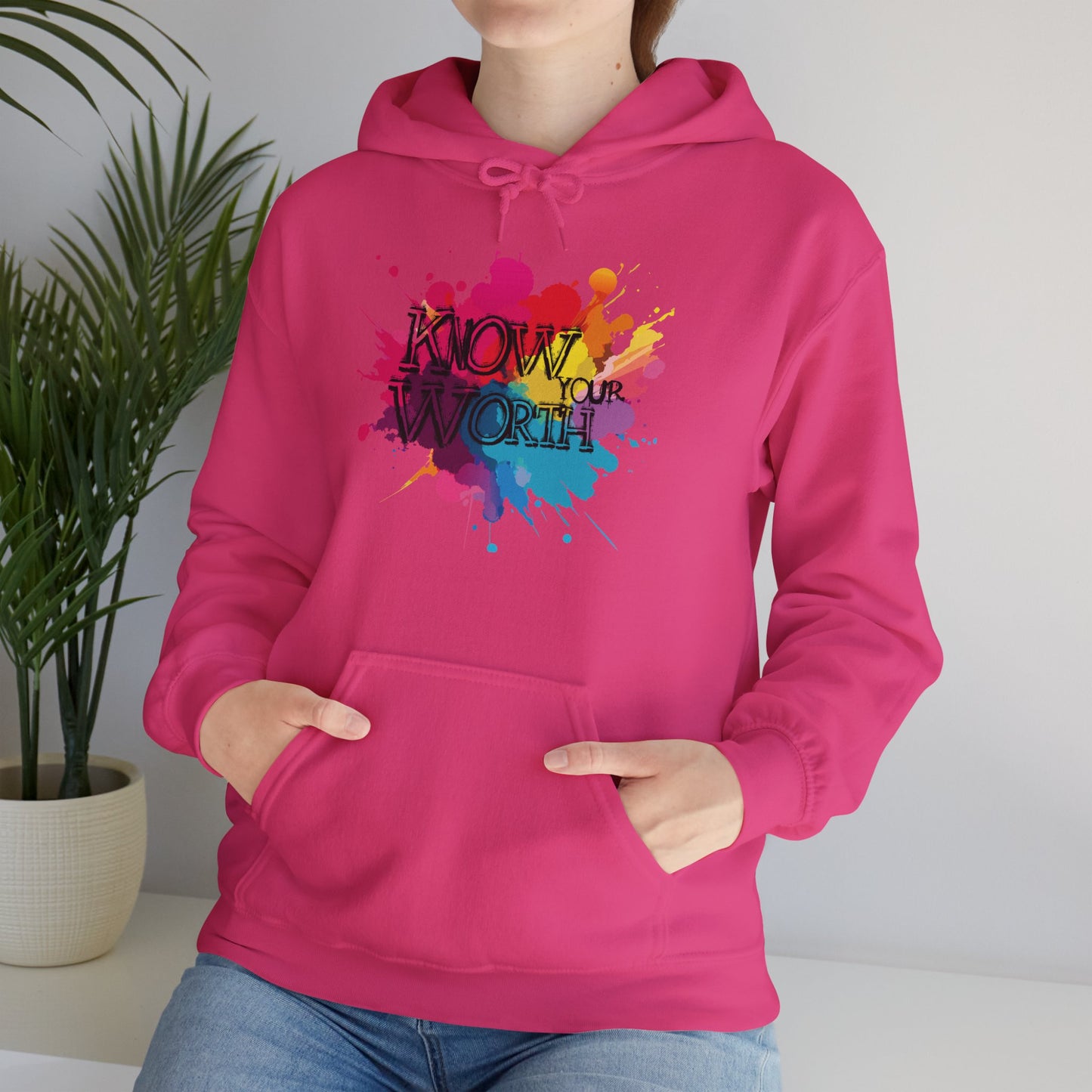 Hooded Sweatshirt 'Know Your Worth' Positive Vibes Graffiti Splatter Paint Graphic