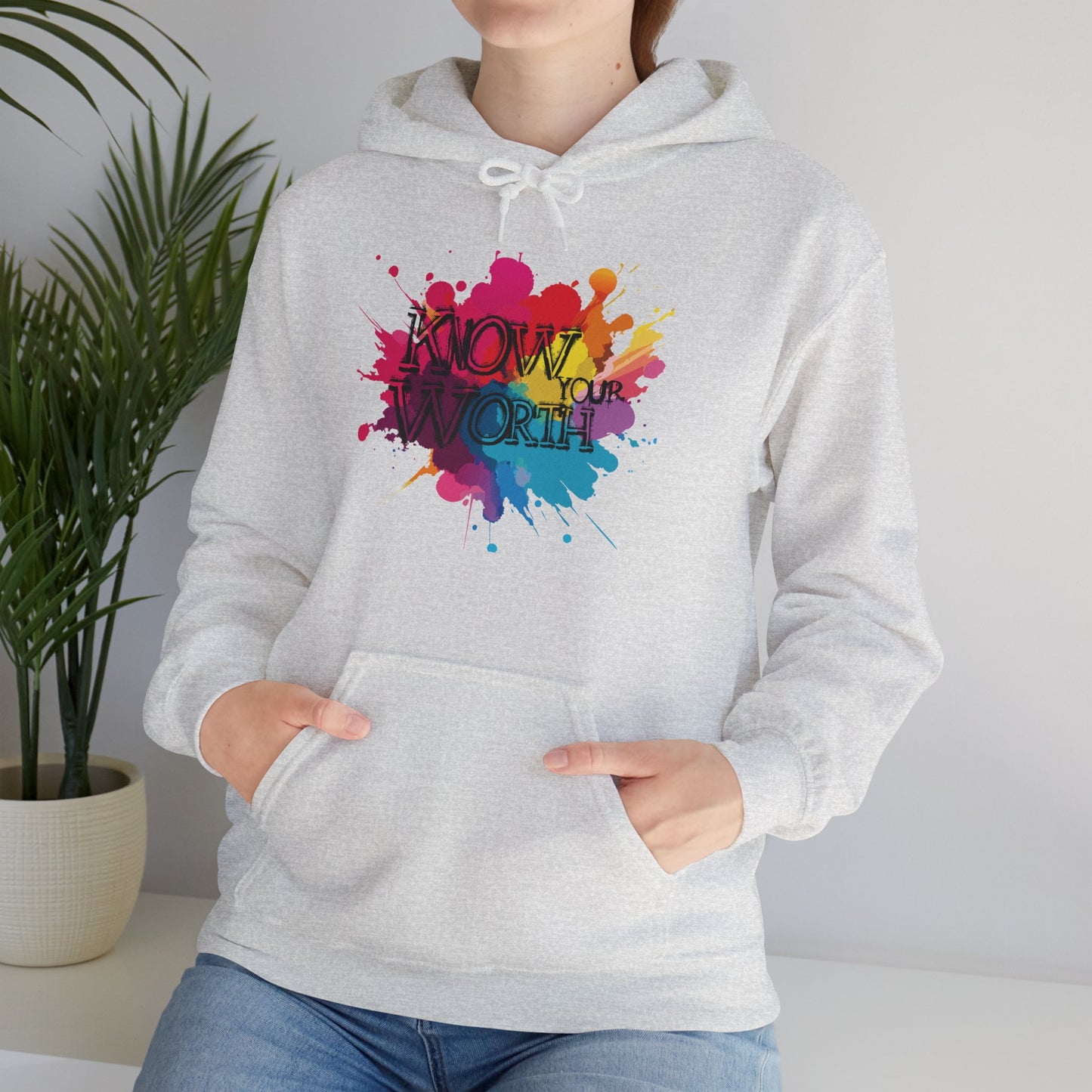 Hooded Sweatshirt 'Know Your Worth' Positive Vibes Graffiti Splatter Paint Graphic