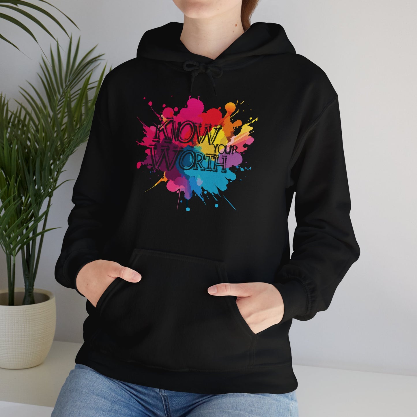 Hooded Sweatshirt 'Know Your Worth' Positive Vibes Graffiti Splatter Paint Graphic