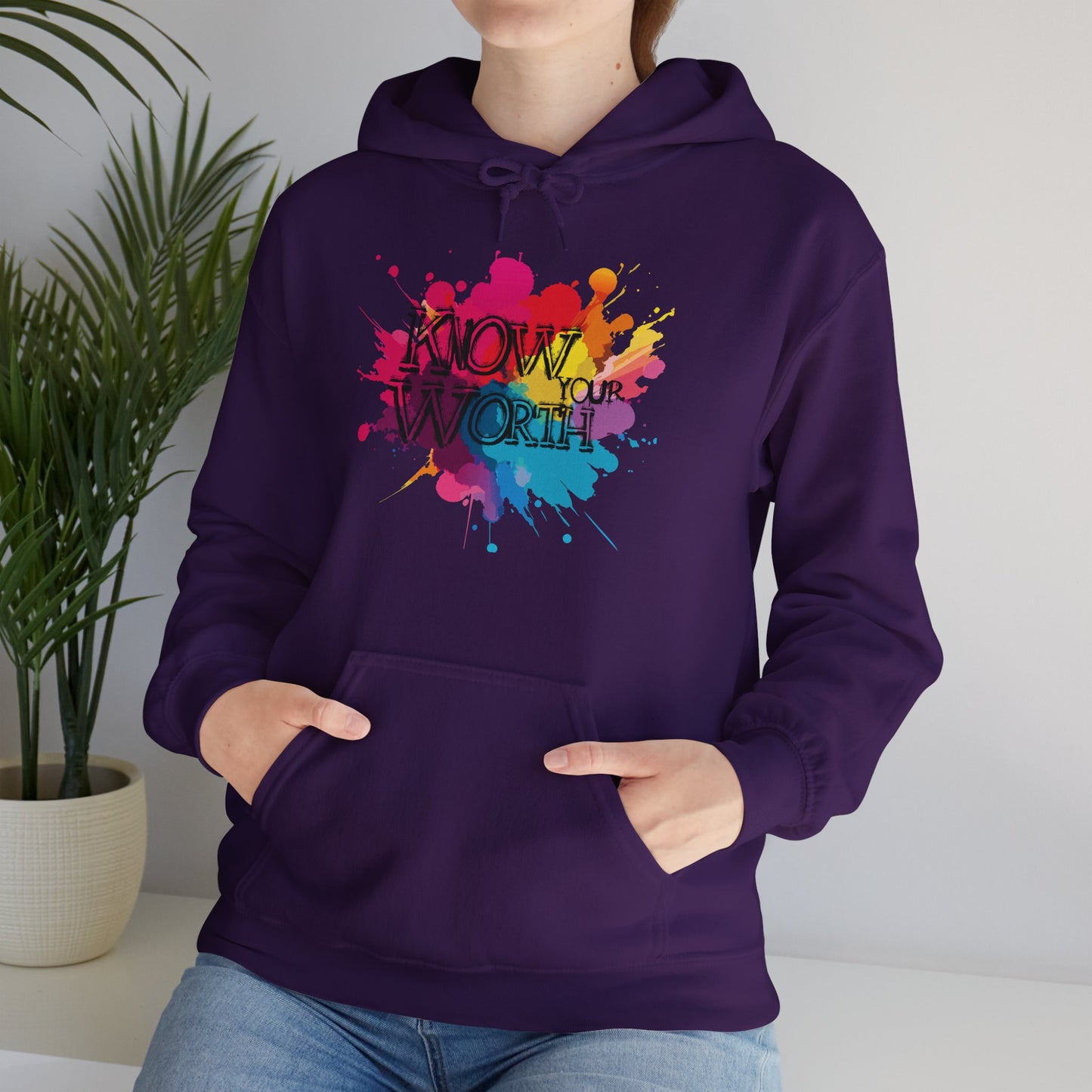 Hooded Sweatshirt 'Know Your Worth' Positive Vibes Graffiti Splatter Paint Graphic